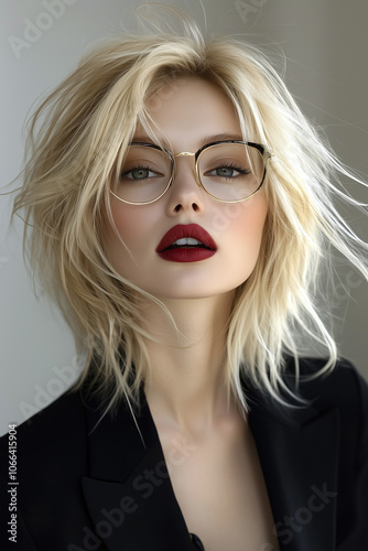 Stylish woman with blonde hair and glasses poses confidently in an elegant black outfit