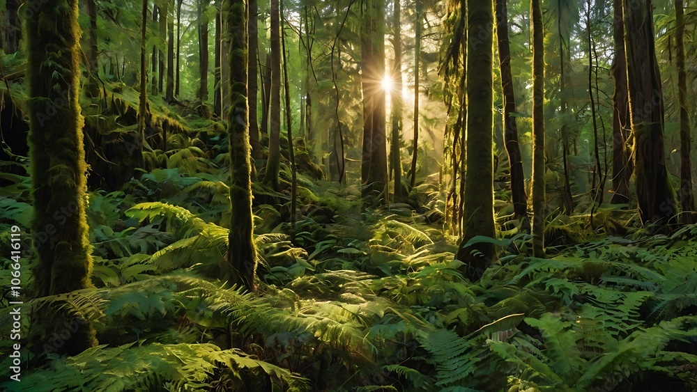 Fototapeta premium Sunlight filtering through a dense mossy forest with ferns