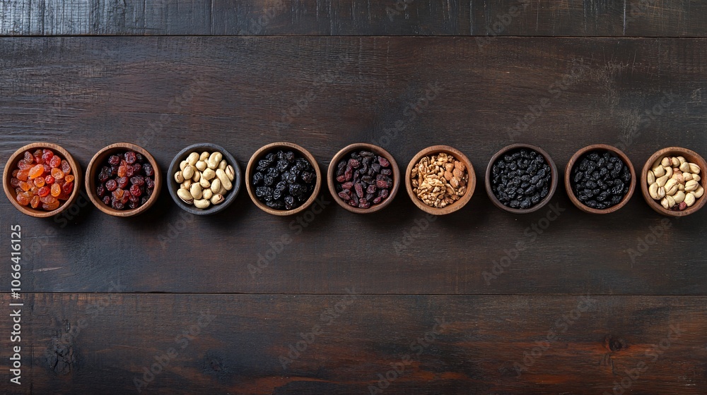 Assorted Dried Fruits and Nuts in Bowls on Wooden Background Assorted Dried Fruits and Nuts in Bowls on Wooden Background