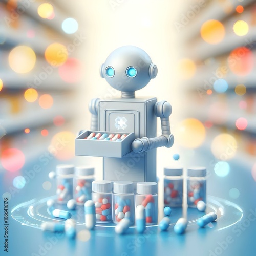 3D Robotic Pharmacy System Dispensing Medication Soft Abstract Image Medical Facility Bokeh Background Efficiency Healthcare Icon Isolated White Background Conceptual Visualization photo