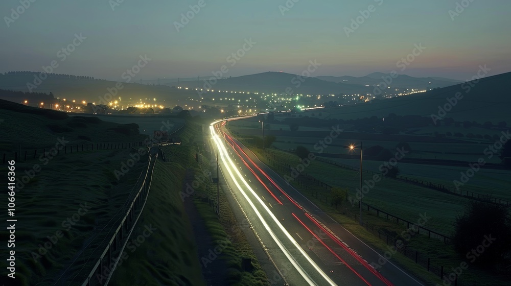 A fusion of rural charm and urban energy as light trails glide over the idyllic countryside hills. A fusion of rural charm and urban energy as light trails glide over the idyllic countryside hills.