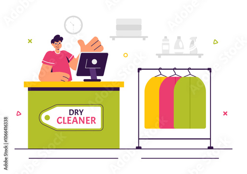 Dry Cleaning Store Service Vector Illustration featuring Washing Machines, Dryers, and Laundry Services for Clean and Fresh Clothing in a Background