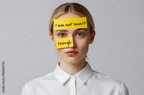 Woman with stick note on forehead and cheek - I am not smart enough - concept of Self-doubt or lack of confidence regarding self and abilities - feeling insecurity, awareness of one own limitations