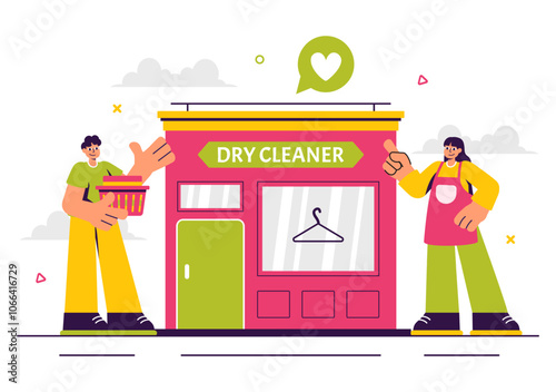 Dry Cleaning Store Service Vector Illustration featuring Washing Machines, Dryers, and Laundry Services for Clean and Fresh Clothing in a Background