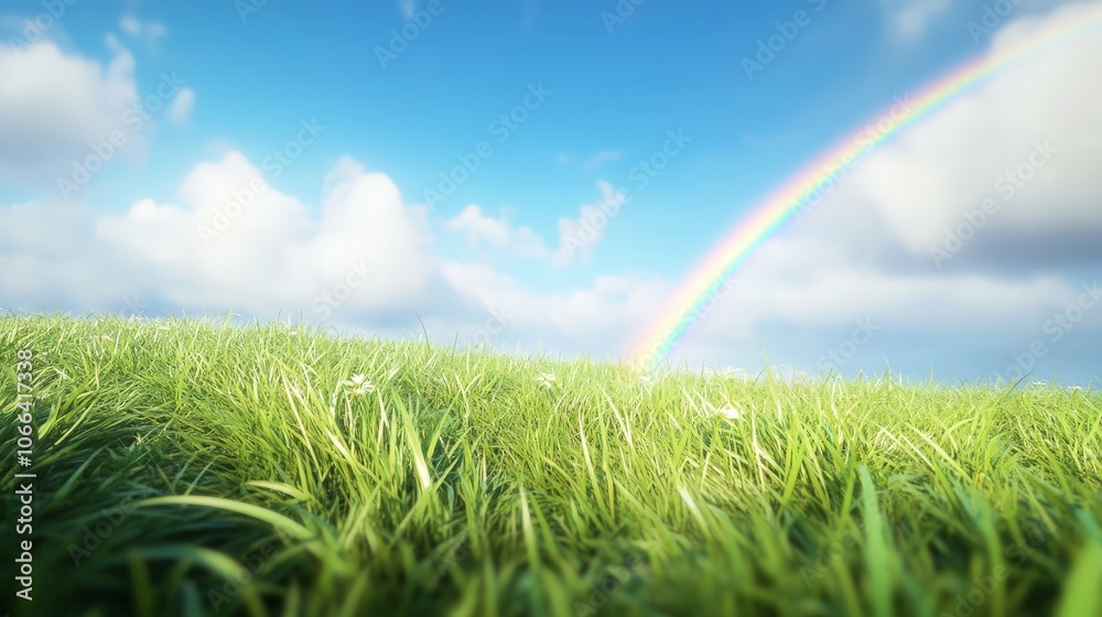 Naklejka premium a bright, realistic rainbow, over vibrant green grass with a beautiful blue