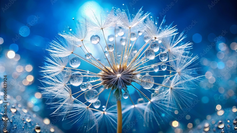 Fototapeta premium A Delicate Dandelion Seed Head Adorned with Dew Drops, Captured Against a Vibrant Blue Background