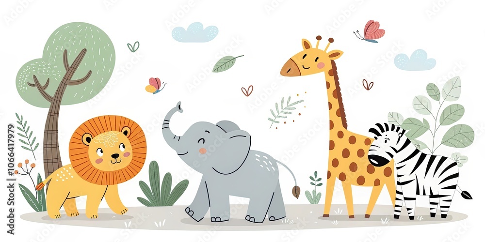 minimalist cute cartoon safari animals background