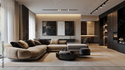 Modern Living Room Interior with a Sectional Sofa and Contemporary Art