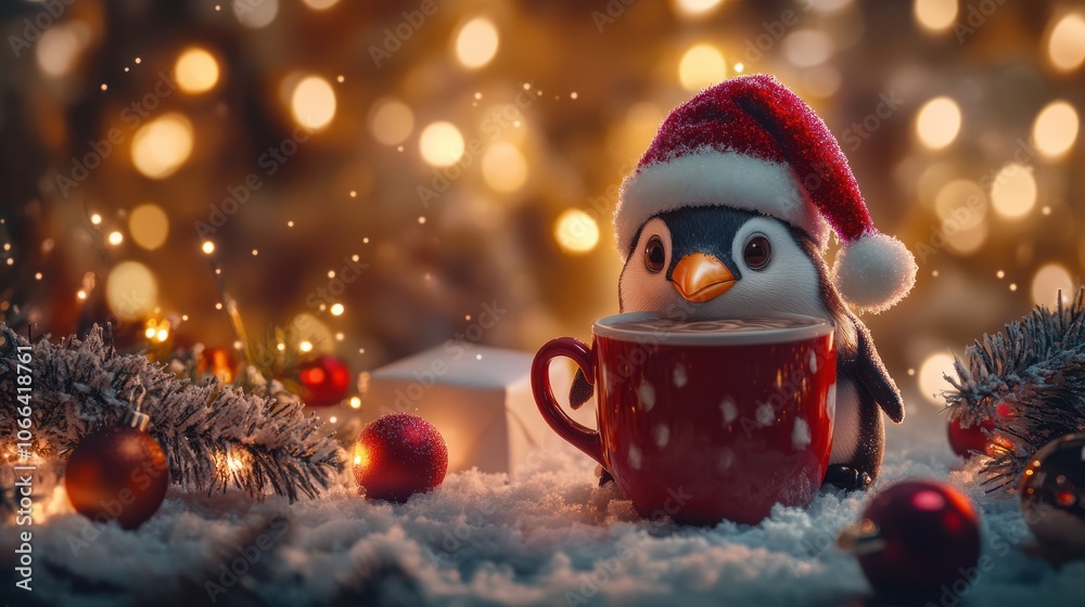 Penguin wearing a santa hat enjoying a cup of hot chocolate with a christmas lights bokeh Penguin wearing a santa hat enjoying a cup of hot chocolate with a christmas lights bokeh