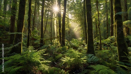 Sunbeams Filtering Through Dense Forest Canopy