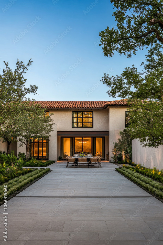 Elegant modern residence with landscaped garden during sunset in serene suburban area Elegant modern residence with landscaped garden during sunset in serene suburban area