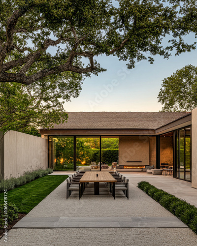 Modern outdoor dining area with long table amidst greenery at sunset in a serene backyard