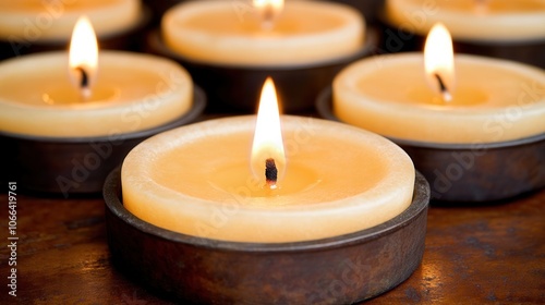 Warm tealight candles glowing softly, creating a cozy ambiance. Perfect for relaxation, meditation, and enhancing peaceful home environments.