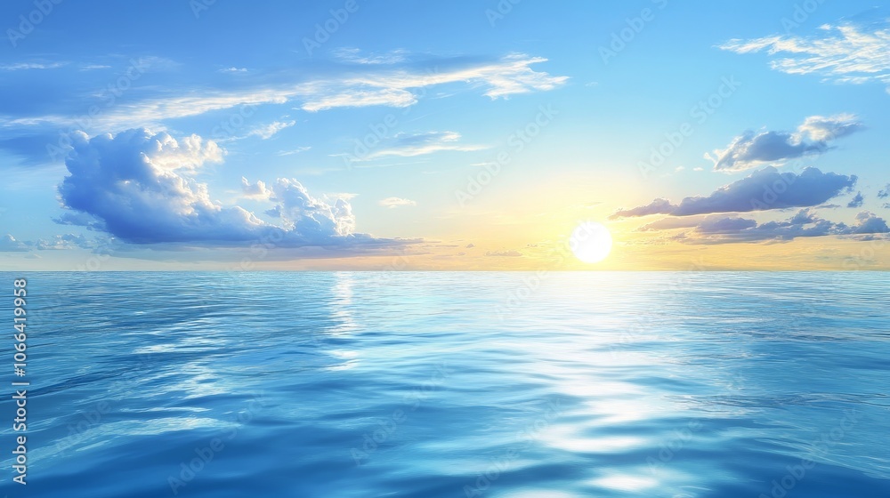 Obraz premium A serene ocean view at sunrise, with calm waters reflecting the vibrant sky.