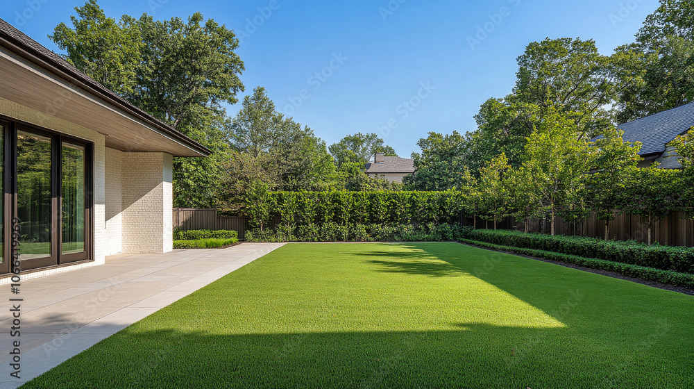 Bright sunny day showcasing a manicured lawn and tranquil garden in a residential backyard setting Bright sunny day showcasing a manicured lawn and tranquil garden in a residential backyard setting