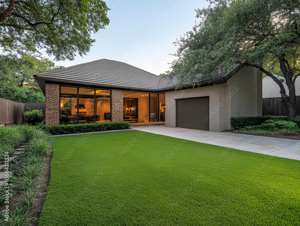 Modern single-story house with lush yard and elegant architecture in the evening light Modern single-story house with lush yard and elegant architecture in the evening light