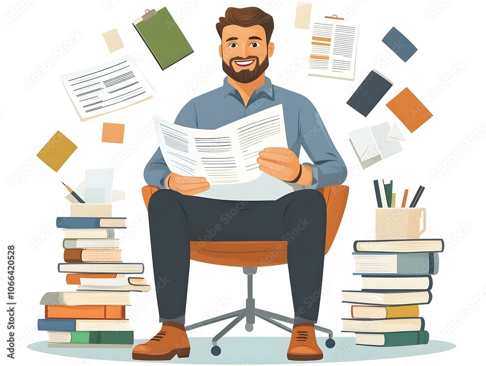 Flat Happy Man Reviewing Documents Home Study Candid Photo Smiling Surrounded by Books Paperwork Satisfaction Working from Home Simple Vector Illustration Smart Business Tone Flat Happy Man Reviewing Documents Home Study Candid Photo Smiling Surrounded by Books Paperwork Satisfaction Working from Home Simple Vector Illustration Smart Business Tone