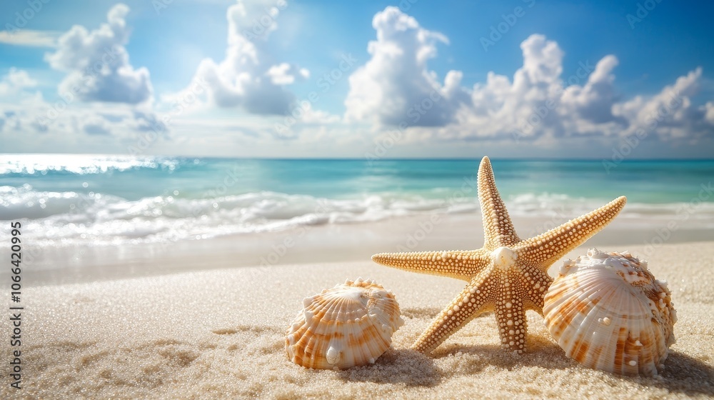 A serene beach scene featuring a starfish and seashells on soft sand with a tranquil ocean backdrop. A serene beach scene featuring a starfish and seashells on soft sand with a tranquil ocean backdrop.