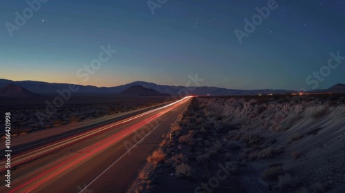 The surreal landscape of the desert is further enhanced by the stark contrast of the dark highway and the vibrant light trails left by passing cars.