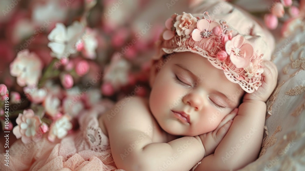 Little baby sleeping on bed. Banner for design