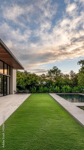 Modern residence with expansive lawn and pool under a picturesque sky at sunset