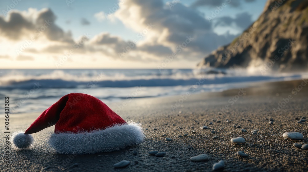 Santa Claus hat on the beach by the sea. Santa Claus hat on the beach by the sea.