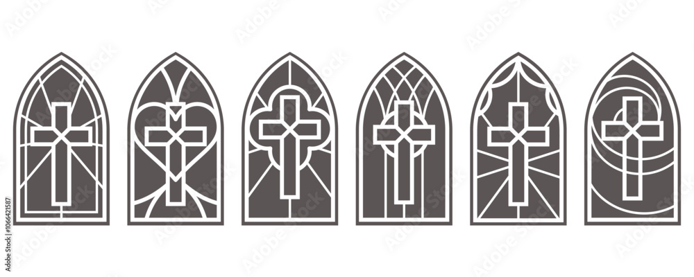 Fototapeta premium Cathedral church windows with cross. Stained glass gothic catholic arch. Vector architecture medieval silhouette of frame. Castle interior elements on white background