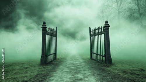 Misty path through open iron gates evokes mystery and intrigue, AI