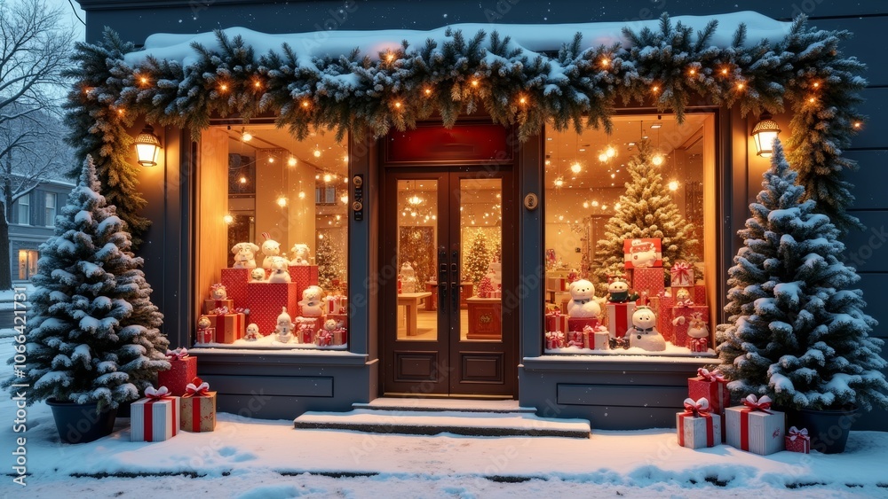Charming winter scene of a festive store decorated for Christmas with lights, ornaments, and snow-covered surroundings Charming winter scene of a festive store decorated for Christmas with lights, ornaments, and snow-covered surroundings