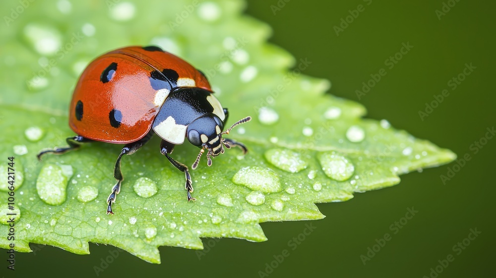Fototapeta premium Explore the fascinating life of a ladybug as it crawls on a dew-drenched leaf
