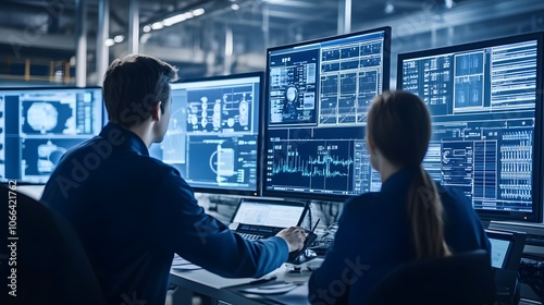 Illustrate a team of engineers monitoring a secure industrial control system with advanced cybersecurity measures in place