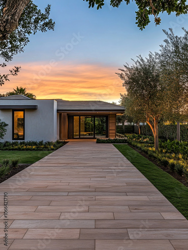 Modern residential house with a sleek design at sunset, located in a tranquil neighborhood