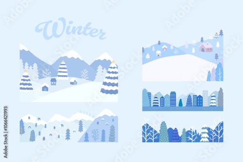 Winter landscape with snowy mountains, Christmas trees and city view