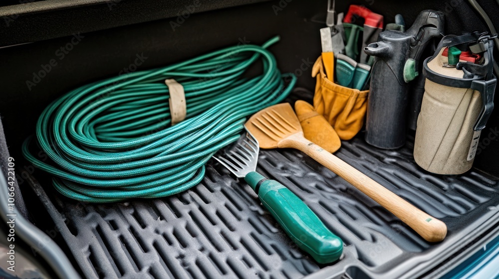 A set of gardening tools neatly arranged, featuring a trowel, rake, gloves, and watering can. Each tool shines with practicality, designed for digging, planting, and nurturing a vibrant garden. A set of gardening tools neatly arranged, featuring a trowel, rake, gloves, and watering can. Each tool shines with practicality, designed for digging, planting, and nurturing a vibrant garden.