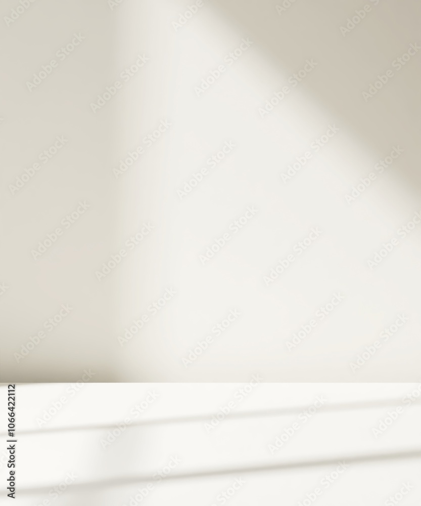 Modern, minimal empty cream white counter table top in sunlight, window shade shadow on wall for luxury organic fashion, beauty, cosmetic, skincare, body care product display background 3D