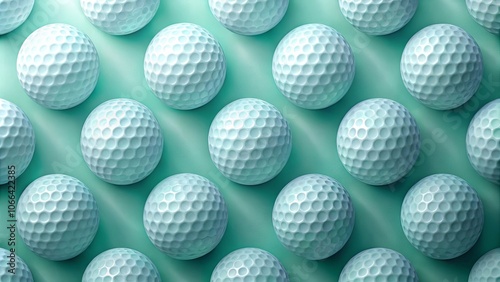 A series of pastel blue golf balls arranged in a geometric pattern on a mint green background, showcasing the simple beauty of repetition and texture.