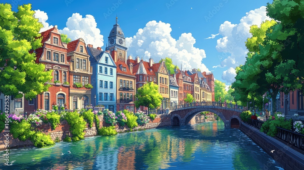 Naklejka premium A picturesque canal runs through a quaint town with colorful buildings, a bridge, and lush greenery.