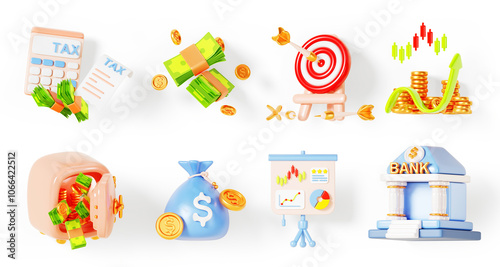 3d set of business and finance isolated render icon. Bank building exterior, money bag, safe box with coin and cash, arrow target, flip chart, growth graph, tax calculator, receipt. 3D illustration