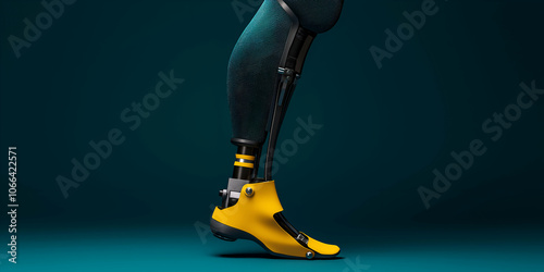 Futuristic bionic leg prosthetic taking a step on a dark background, showcasing advanced technology in prosthetic limbs photo