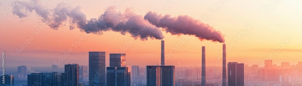 Industrial skyline at sunset with smoke rising from chimneys, highlighting environmental concerns and urban development. Industrial skyline at sunset with smoke rising from chimneys, highlighting environmental concerns and urban development.