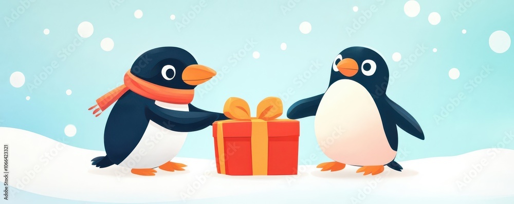 Fototapeta premium Penguins exchanging gifts, flat design illustration
