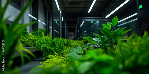Contemporary office space comes alive with vibrant greenery, infusing sleek glass and metal design with a refreshing touch of nature