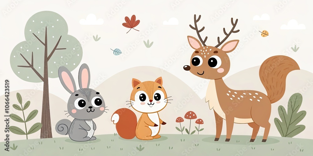 Obraz premium minimalist cute cartoon woodland animals background