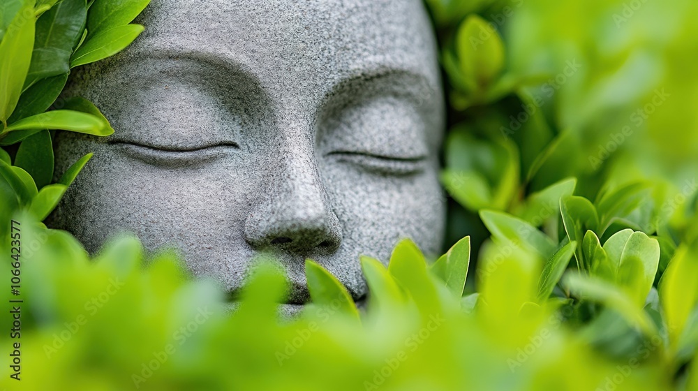 Fototapeta premium Serene stone face surrounded by lush green leaves, evoking tranquility and nature, AI