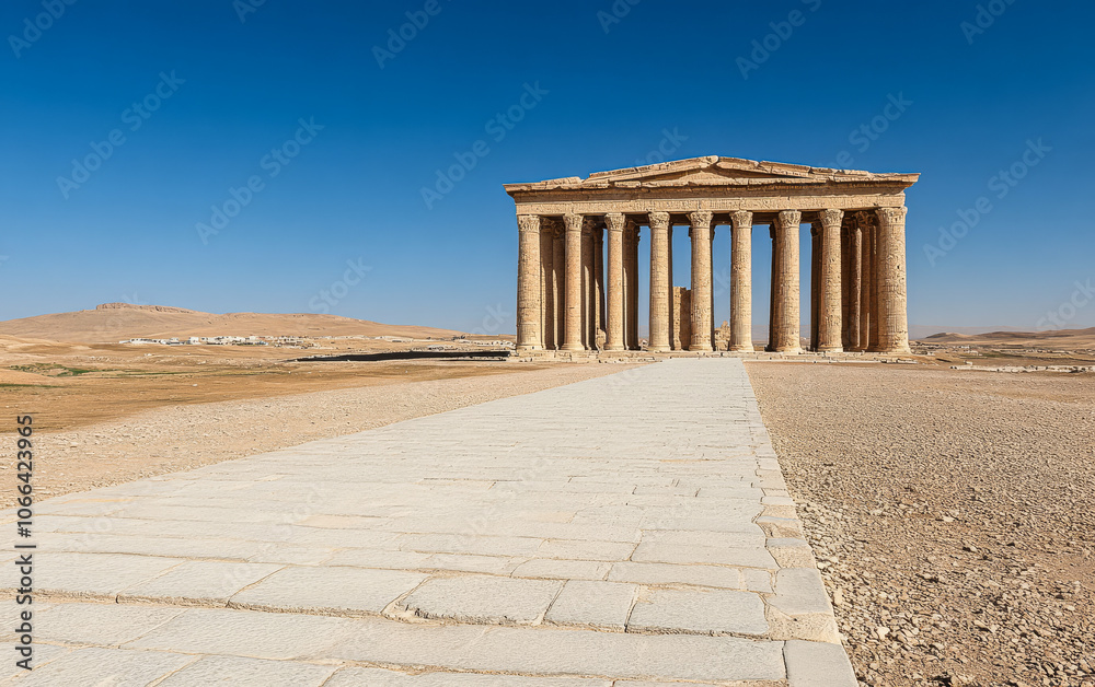 Fototapeta premium Ancient temple ruins in a dry landscape under clear blue skies in the afternoon sun