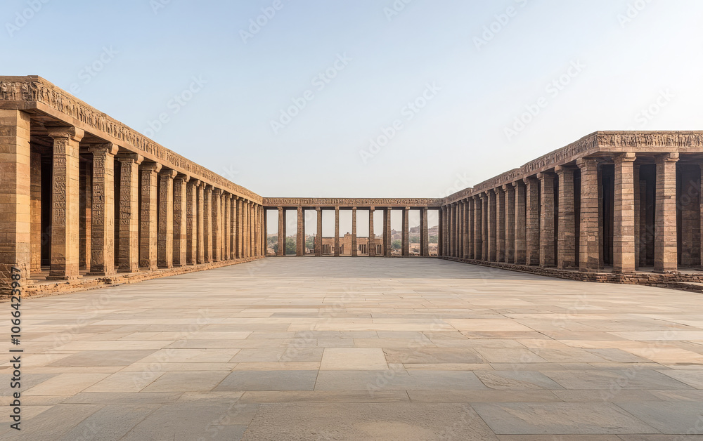 Obraz premium Ancient stone columns create a breathtaking courtyard view at a historic temple site in the sunlight