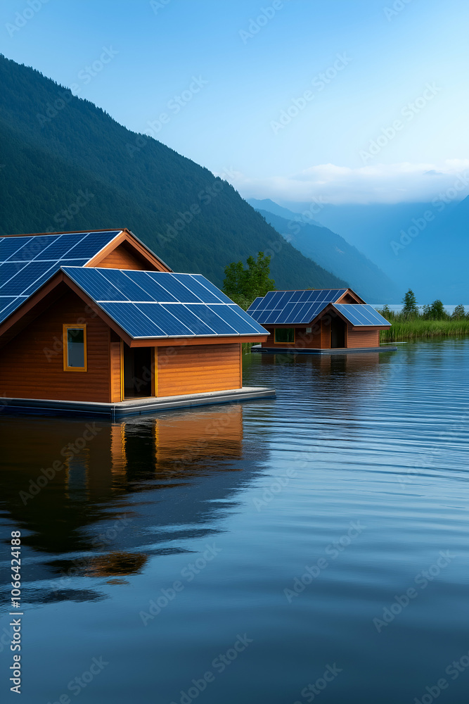 Naklejka premium Modern floating houses equipped with solar panels on a calm lake reflecting the surrounding mountains promote sustainable and eco friendly living in harmony with nature