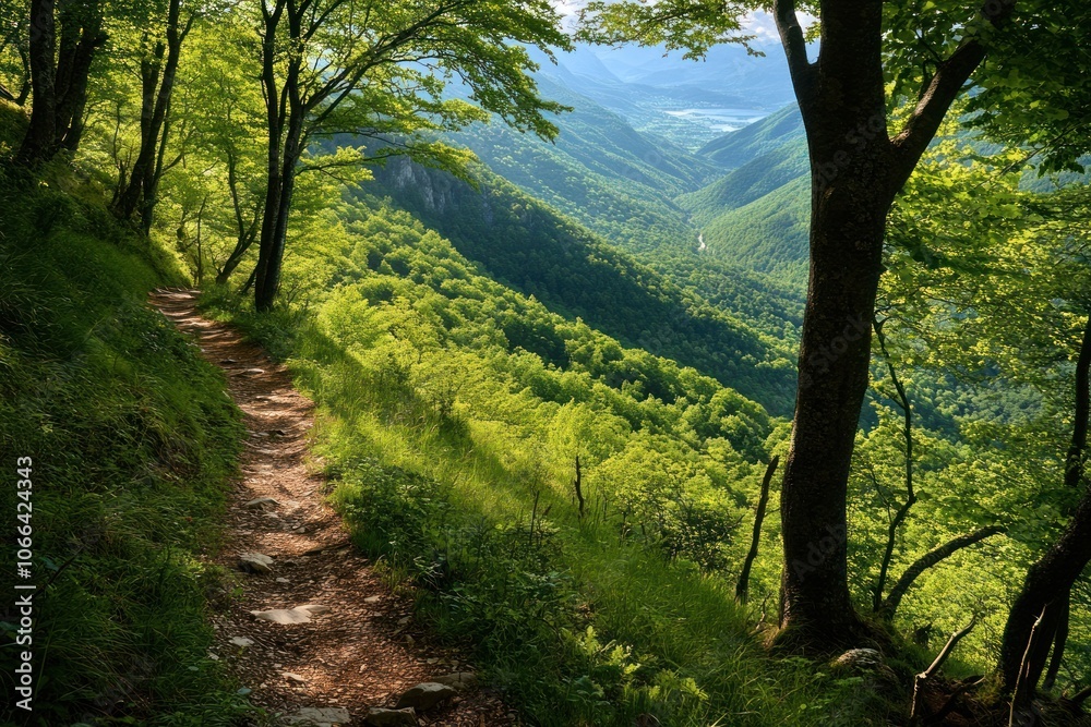 Fototapeta premium A majestic mountain with rugged peaks, lush green forests, and winding hiking trails. The path is lined with wildflowers, leading to breathtaking views of valleys and distant horizons.