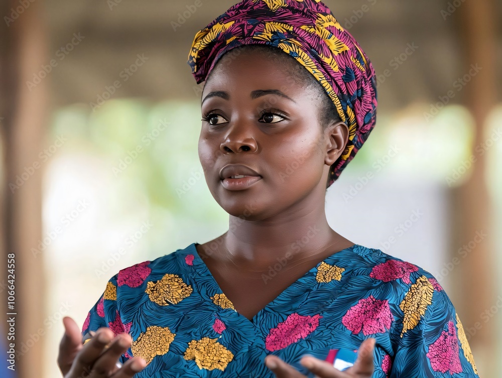 Fototapeta premium A confident young woman speaks passionately in traditional attire, showcasing cultural heritage and community engagement.