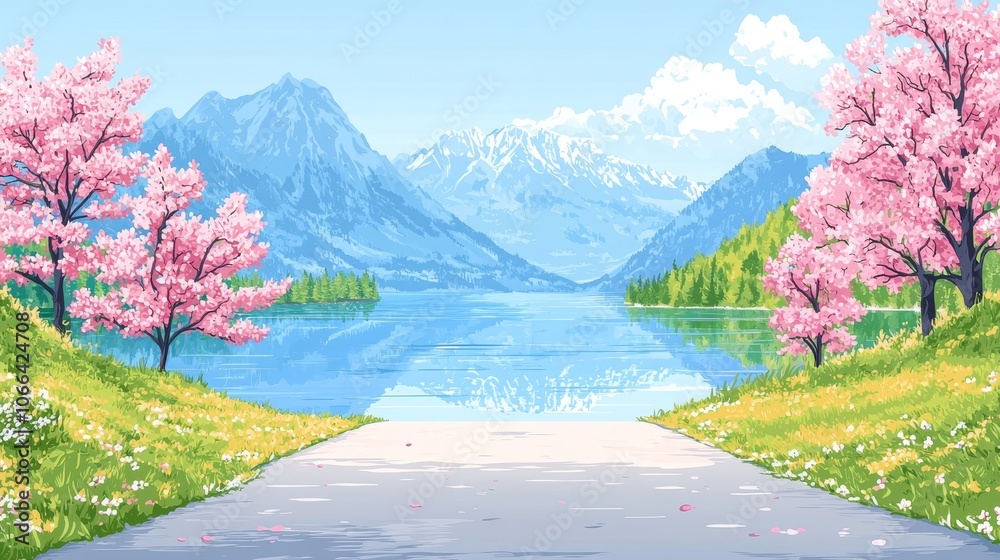 Naklejka premium Calm Lakeside Road with Reflective Waters and Trees
